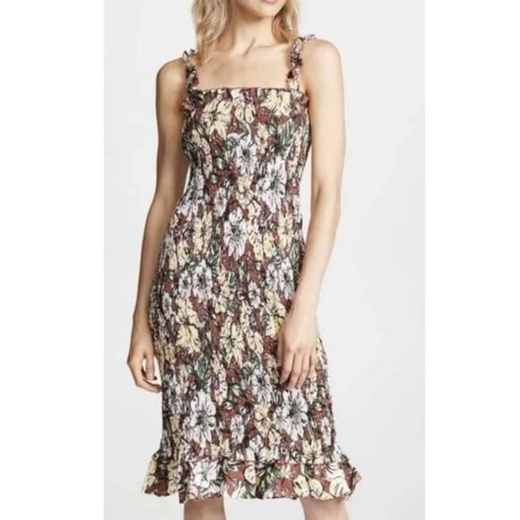 Faithful the Brand brown and yellow floral smocked ruffle hem linen dress Size 4 - Picture 1 of 13